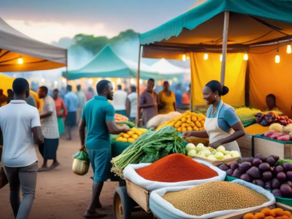 Un mercado africano bullicioso lleno de colores vibrantes y sabores exóticos, reflejando la influencia africana en comfort food