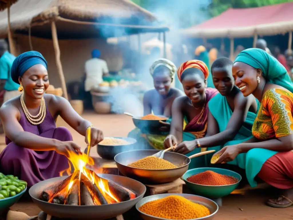 Un mercado africano bullicioso, lleno de vida y color, donde la gastronomía africana es símbolo de resistencia cultural