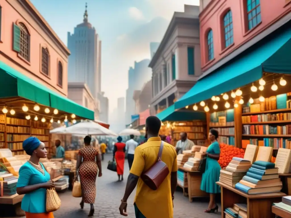 Un mercado africano bullicioso con locales vistiendo trajes coloridos, conversando y explorando libros en una librería improvisada