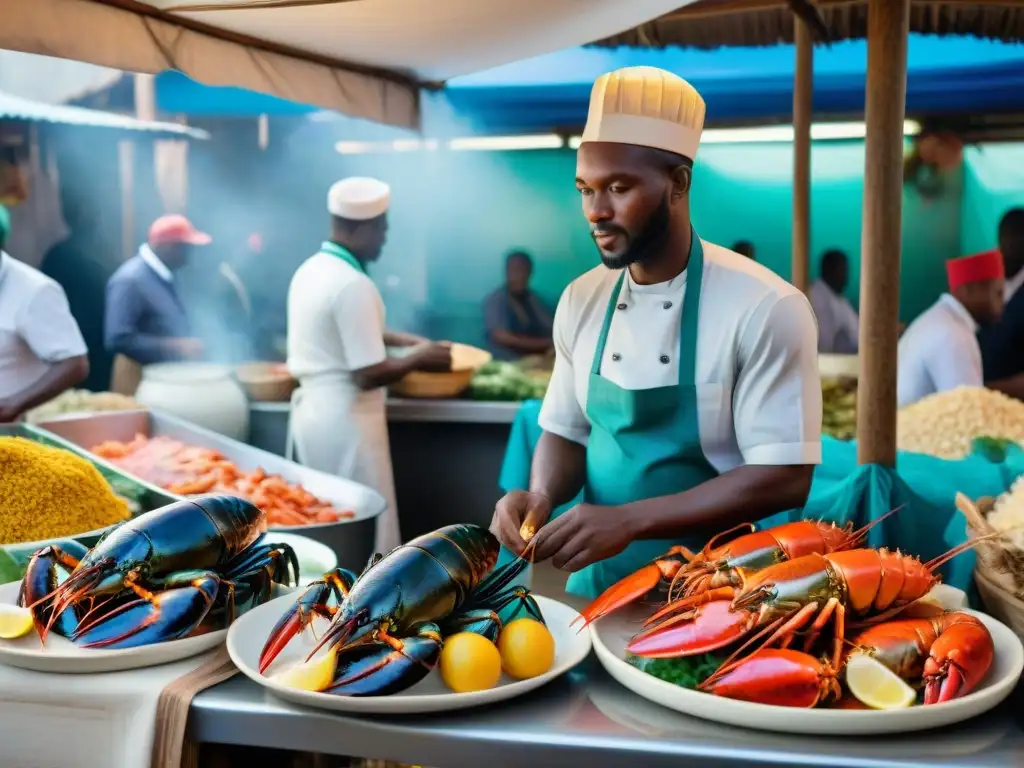 Un mercado africano bullicioso con mariscos frescos y coloridos, mostrando la influencia de mariscos africanos en la cocina mundial