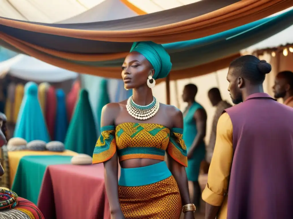 Un mercado africano bullicioso con moda y diseño africanos tendencias, colores vibrantes y artesanía única