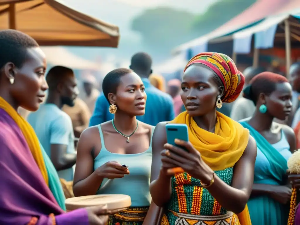 Un mercado africano bullicioso donde mujeres en redes sociales debaten entre tradición y modernidad