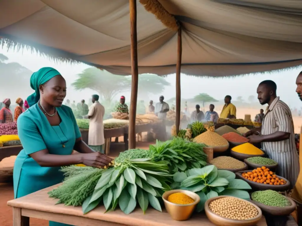 Un mercado africano bullicioso con plantas medicinales africanas y el encuentro entre la medicina tradicional y la farmacéutica moderna