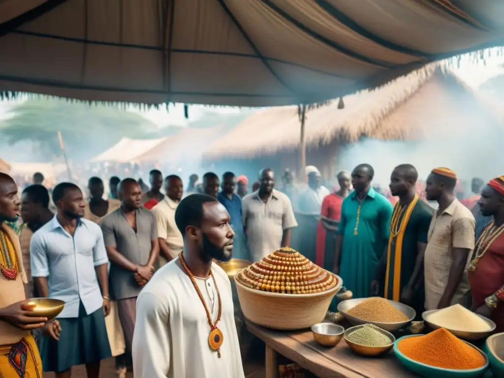 Un mercado africano bullicioso con sincretismo religioso entre artefactos tradicionales y cristianos