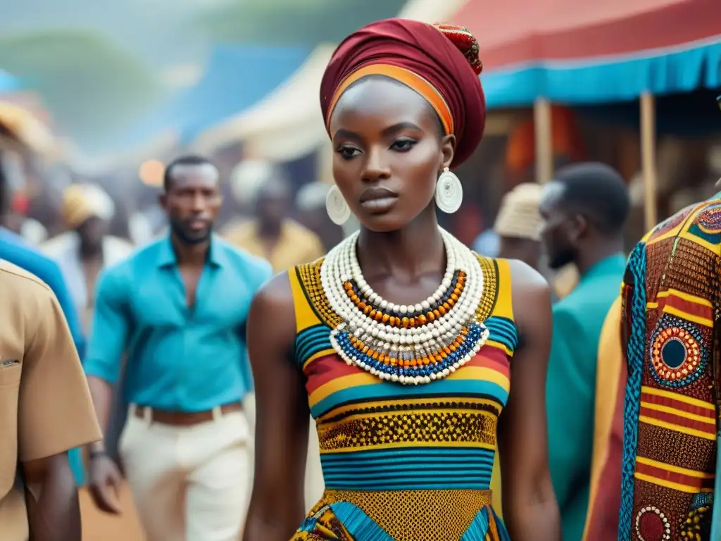 Un mercado africano bullicioso con telas tradicionales vibrantes y moda colorida, reflejando la identidad cultural e influencia en la moda africana