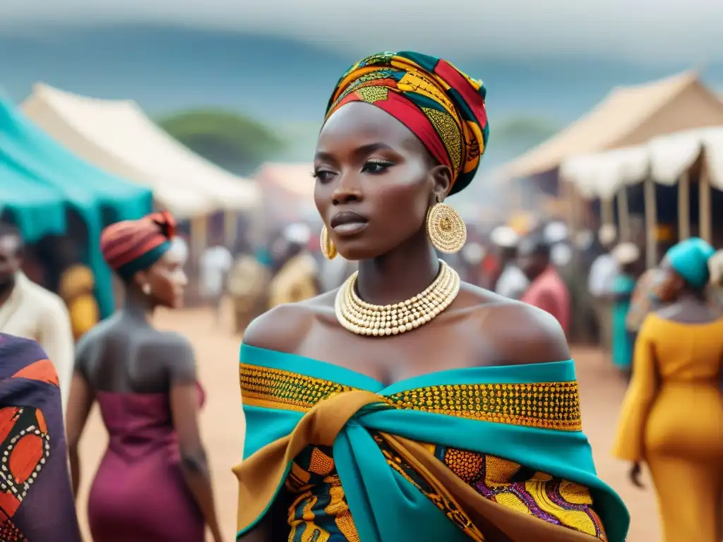 Un mercado africano bullicioso con telas tradicionales, gente variada y edificios modernos, reflejando la influencia moda tradicional africana