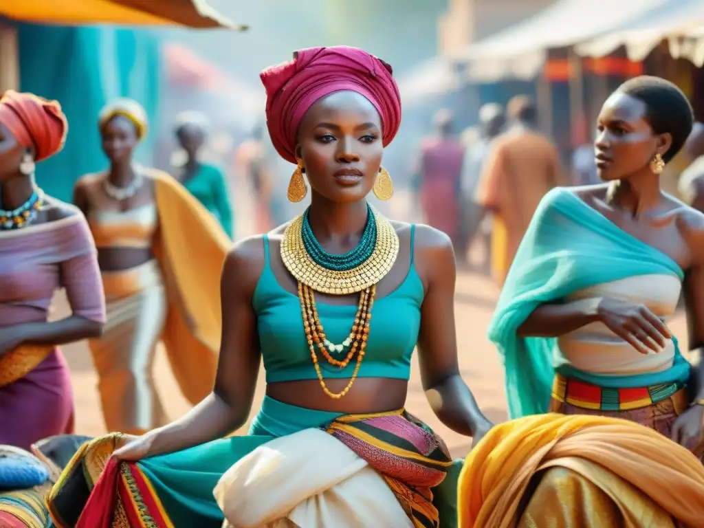 Mercado africano bullicioso con textiles coloridos y mujeres elegantes, mostrando la influencia de las civilizaciones africanas