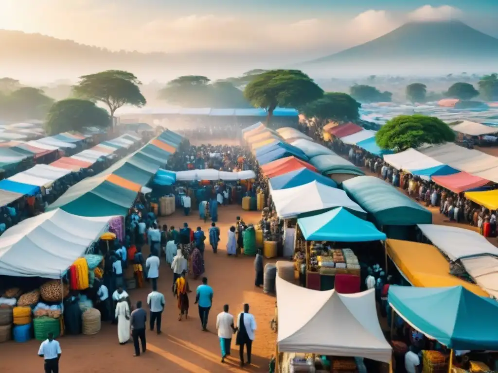 Mercado africano bullicioso donde se realizan transacciones de criptomonedas, fusionando tradición y tecnología para luchar contra la pobreza en África