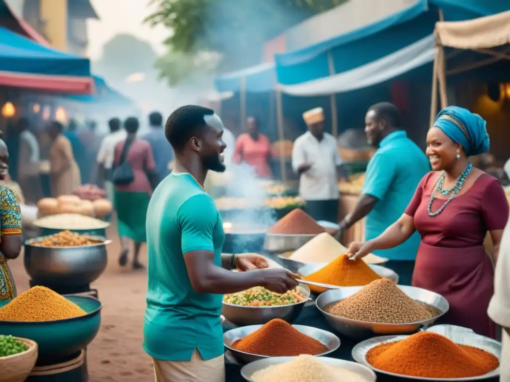 Mercado africano bullicioso con variedad de platillos tradicionales y personas disfrutando, influencia africana en comfort food