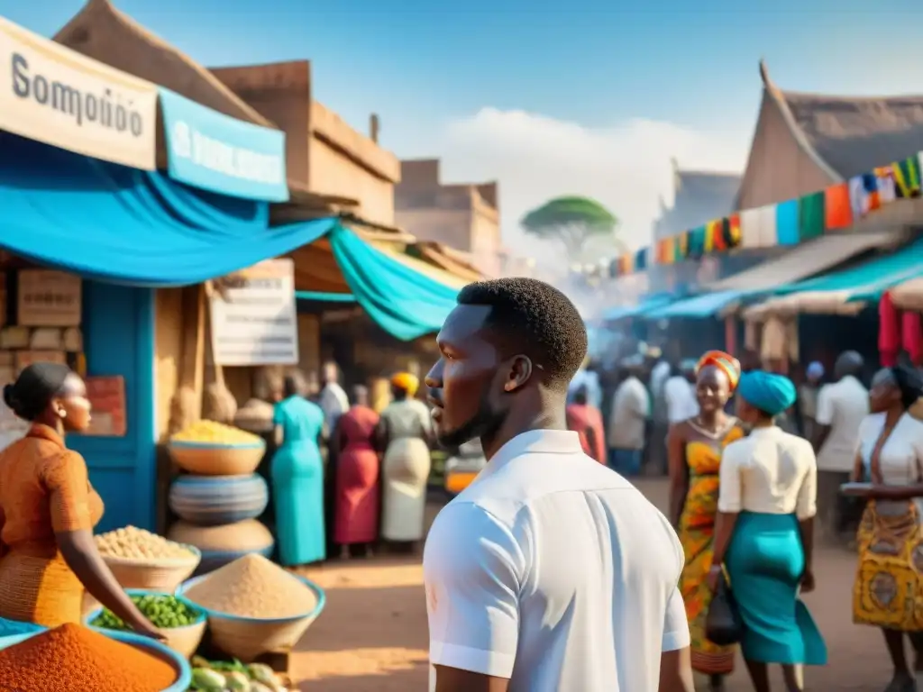 Un mercado africano bullicioso con vendedores de diversas culturas hablando varios idiomas, reflejando el impacto de las lenguas extranjeras en África