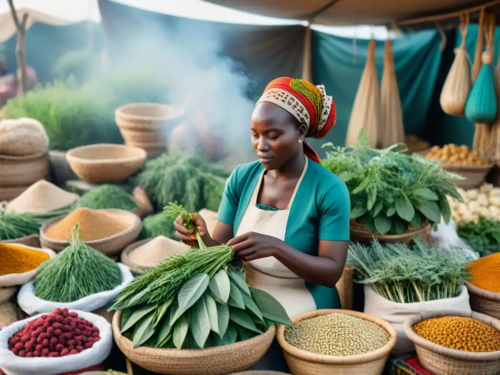 Mercado africano bullicioso con vendedores de plantas medicinales africanas en un contexto de farmacéutica moderna