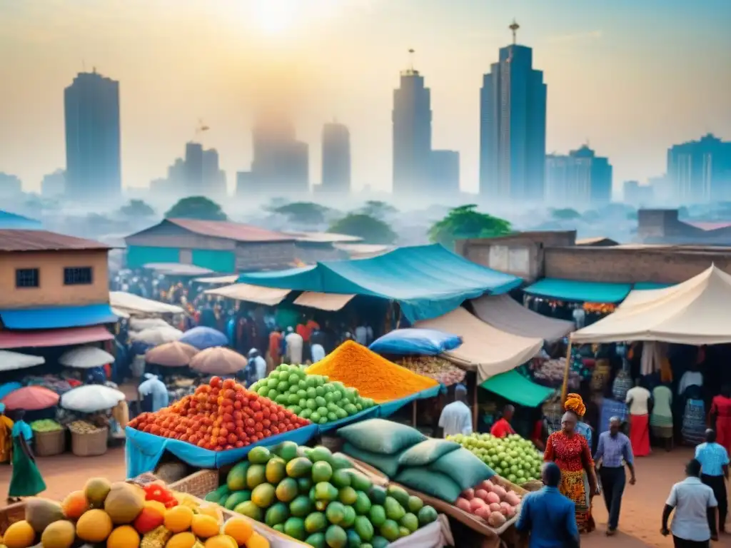 Un mercado africano bullicioso con vendedores de frutas, textiles y artesanías