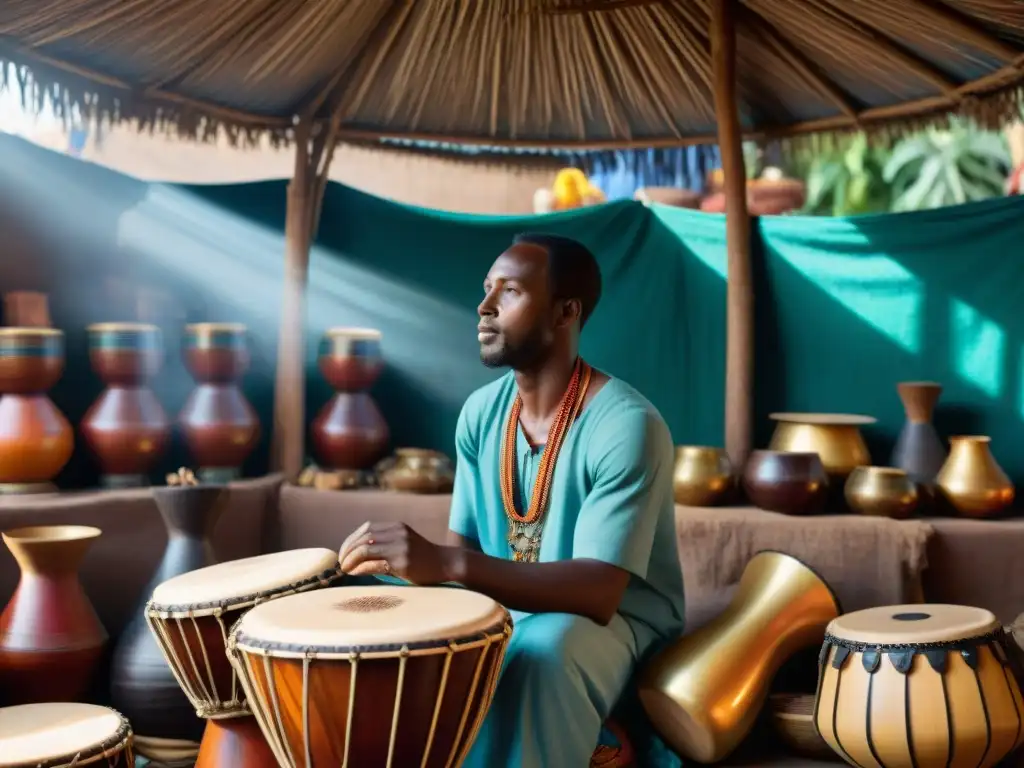 Un mercado africano bullicioso con vendedores ofreciendo instrumentos musicales tradicionales como djembes y kalimbas