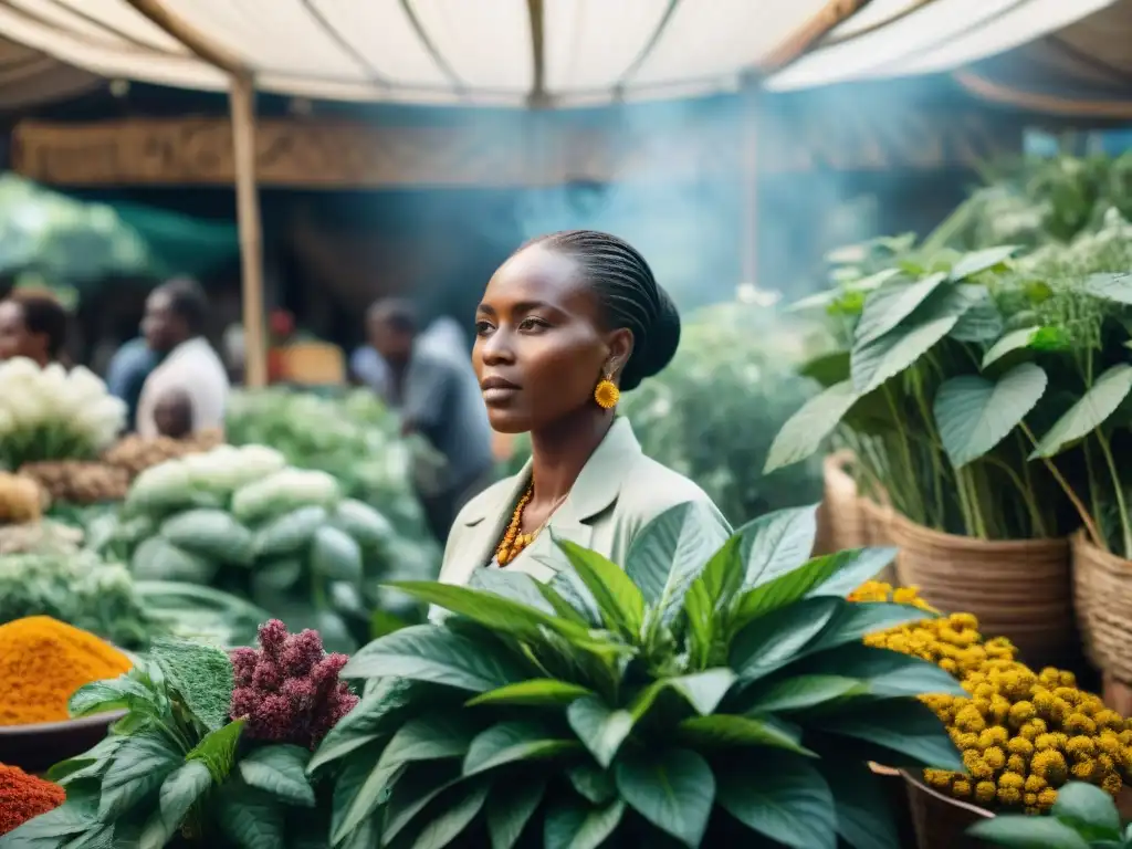 Un mercado africano bullicioso con vendedores de plantas medicinales, influencia plantas medicinales africanas