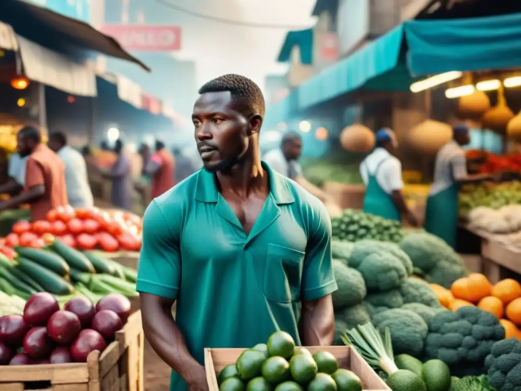 Mercado africano: labor y diversidad en acción Un mercado africano bullicioso y vibrante muestra la diversidad de trabajadores en diversas labores