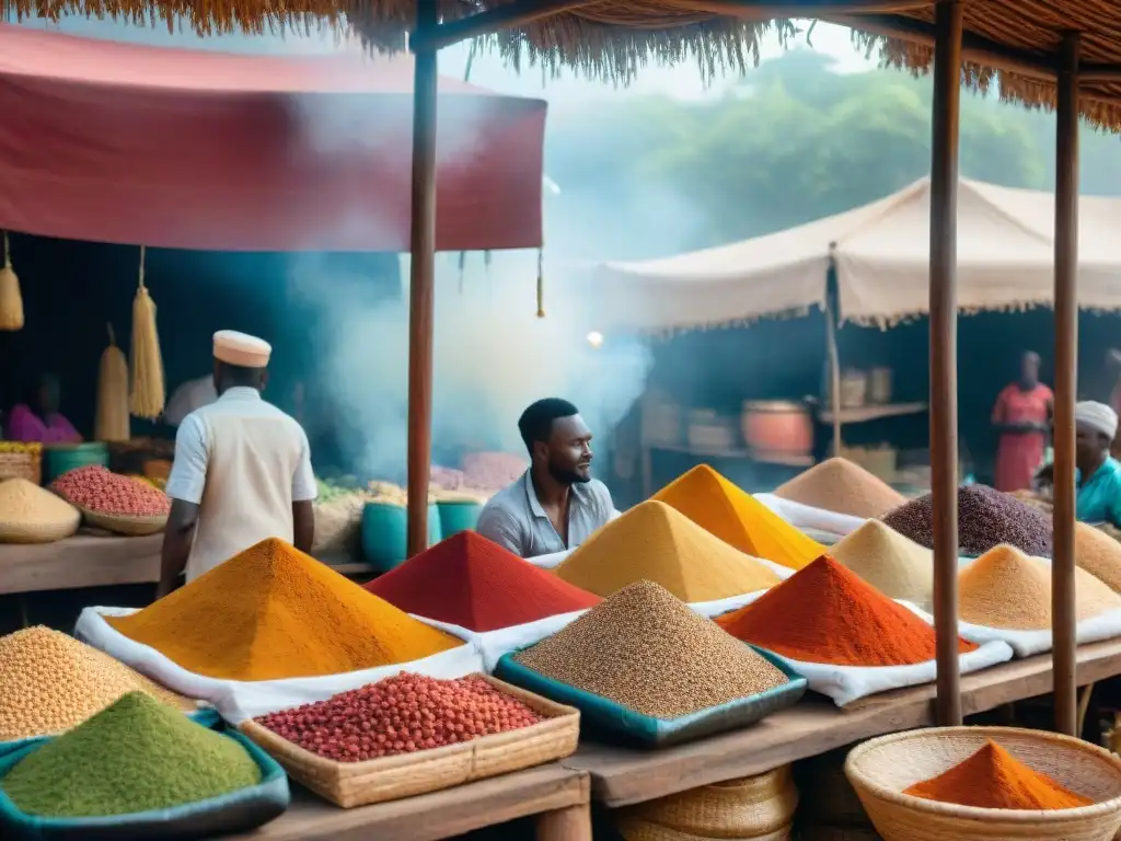 Un mercado africano bullicioso con vibrantes colores y puestos de comida, mostrando la influencia de la gastronomía africana