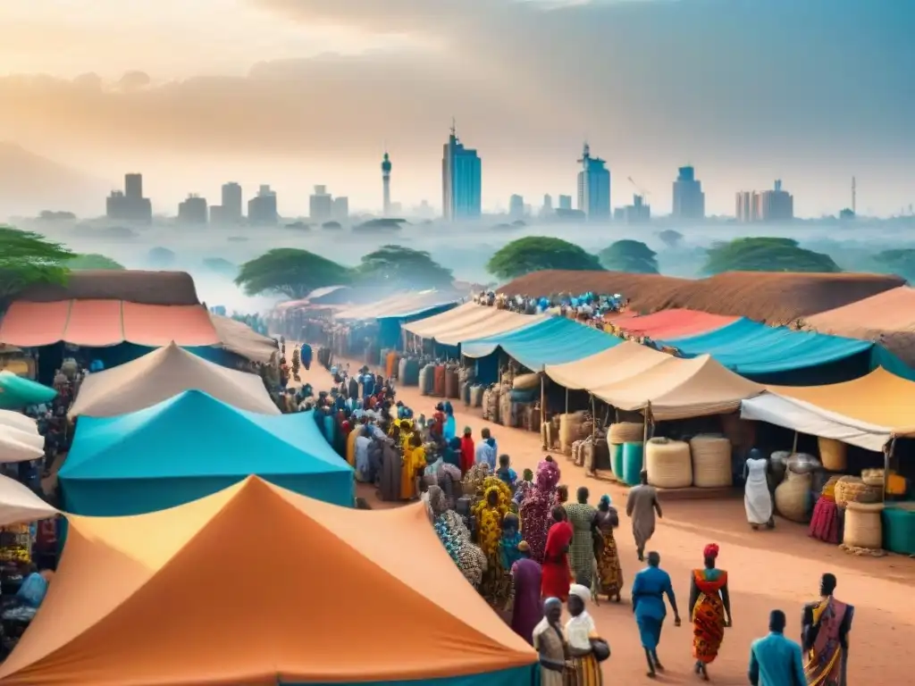 Mercado africano con influencia de civilizaciones, economía digital, colores vibrantes y diversidad de vendedores y compradores