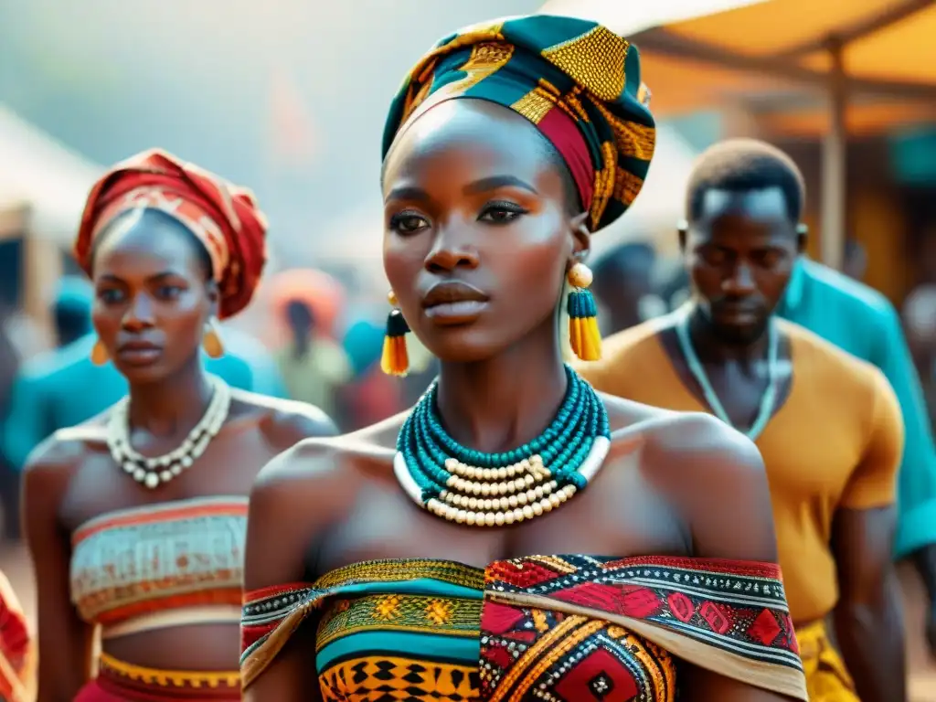 Un mercado africano lleno de vida, donde mujeres visten trajes tradicionales con patrones y texturas coloridas que representan su herencia cultural