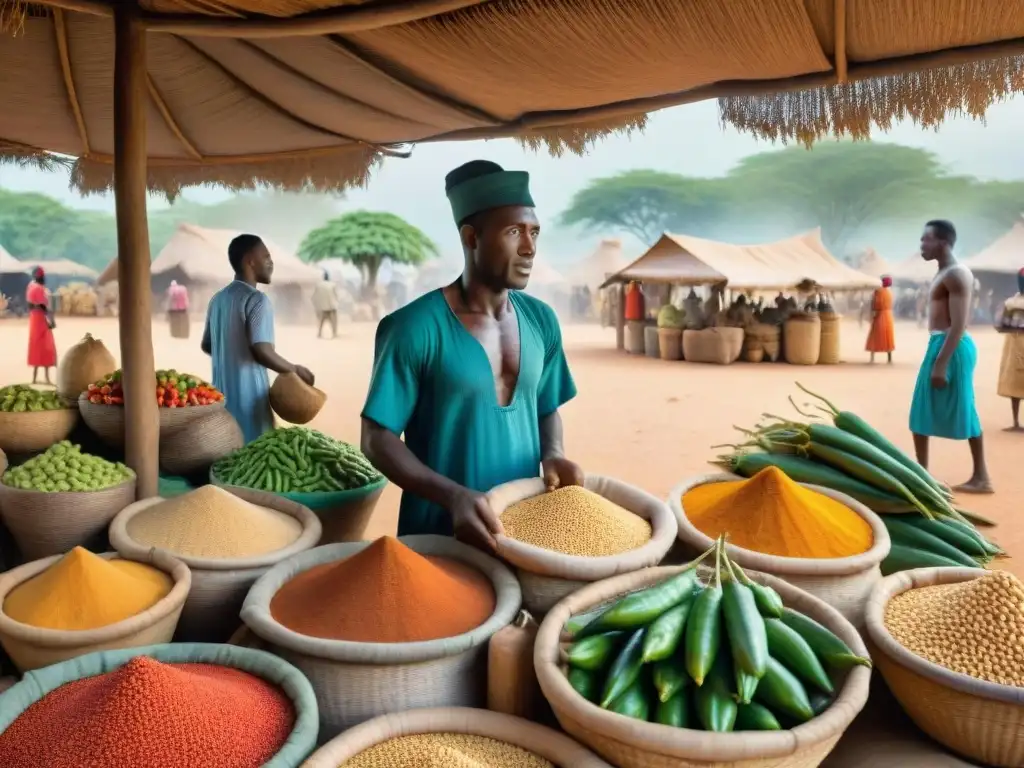 Un mercado africano precolonial bullicioso, lleno de frutas, verduras y especias