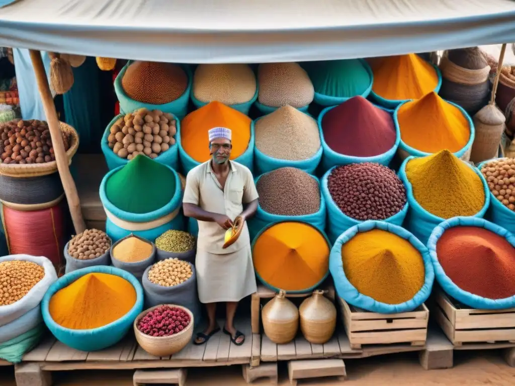 Un mercado africano en Zanzíbar rebosante de especias exóticas, reflejando la influencia culinaria africana en Asia