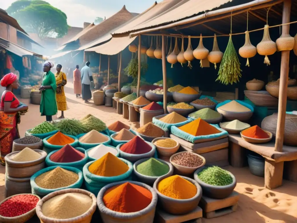 Un mercado africano tradicional rebosante de vida y color, donde se encuentran remedios naturales y hierbas medicinales