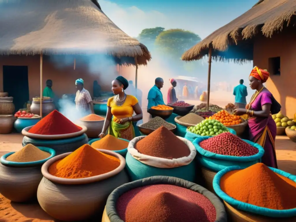 Un mercado africano tradicional rebosante de vida y colores, donde la gastronomía de antiguos reinos del sur de África cobra vida