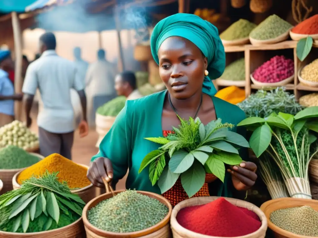 Un mercado africano tradicional rebosante de vida y color, con hierbas frescas y vibrantes en puestos de madera