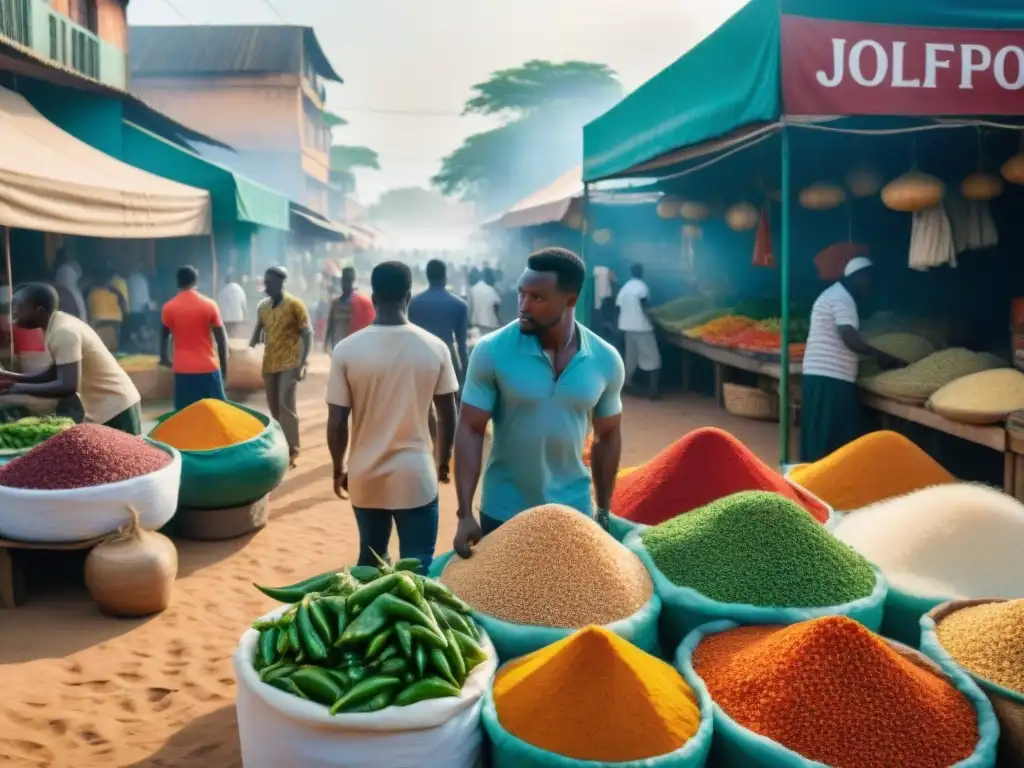 Un mercado africano tradicional rebosante de vida y color, reflejando la historia y la influencia global del arroz Jollof