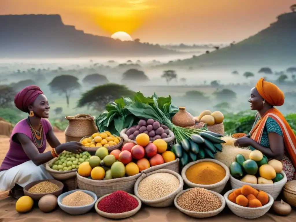 Un mercado africano tradicional rebosante de vida y color bajo un atardecer dorado