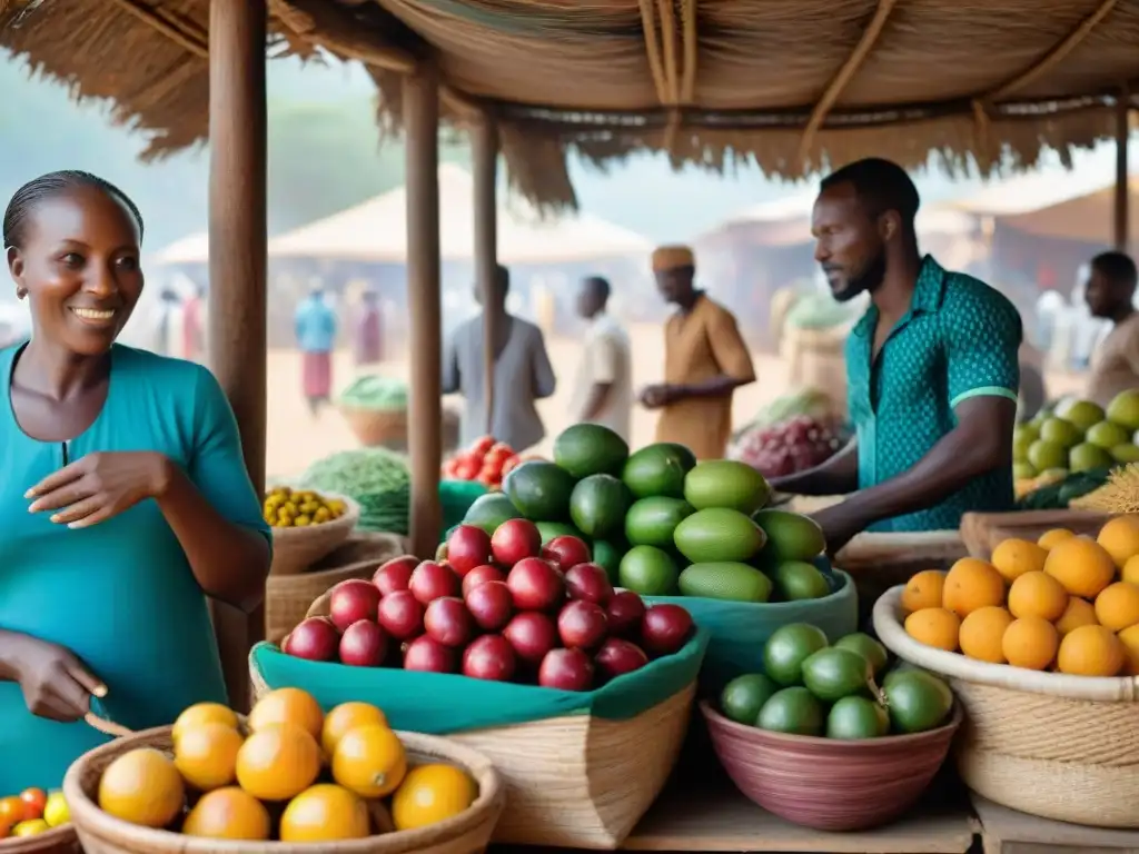 Un mercado africano tradicional rebosante de coloridas frutas, verduras, granos y especias