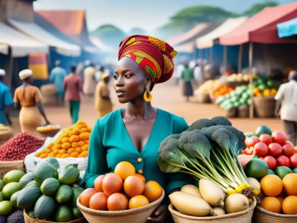 Un mercado africano tradicional rebosante de vida y coloridos alimentos frescos, reflejo de la dieta africana y la salud digestiva