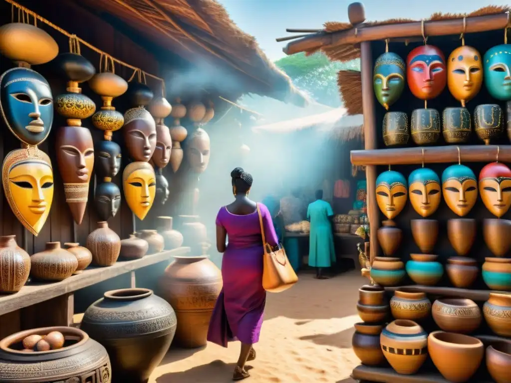 Un mercado africano vibrante muestra amuletos de arte africano, joyas y cerámica hechos a mano, en una escena culturalmente rica y animada