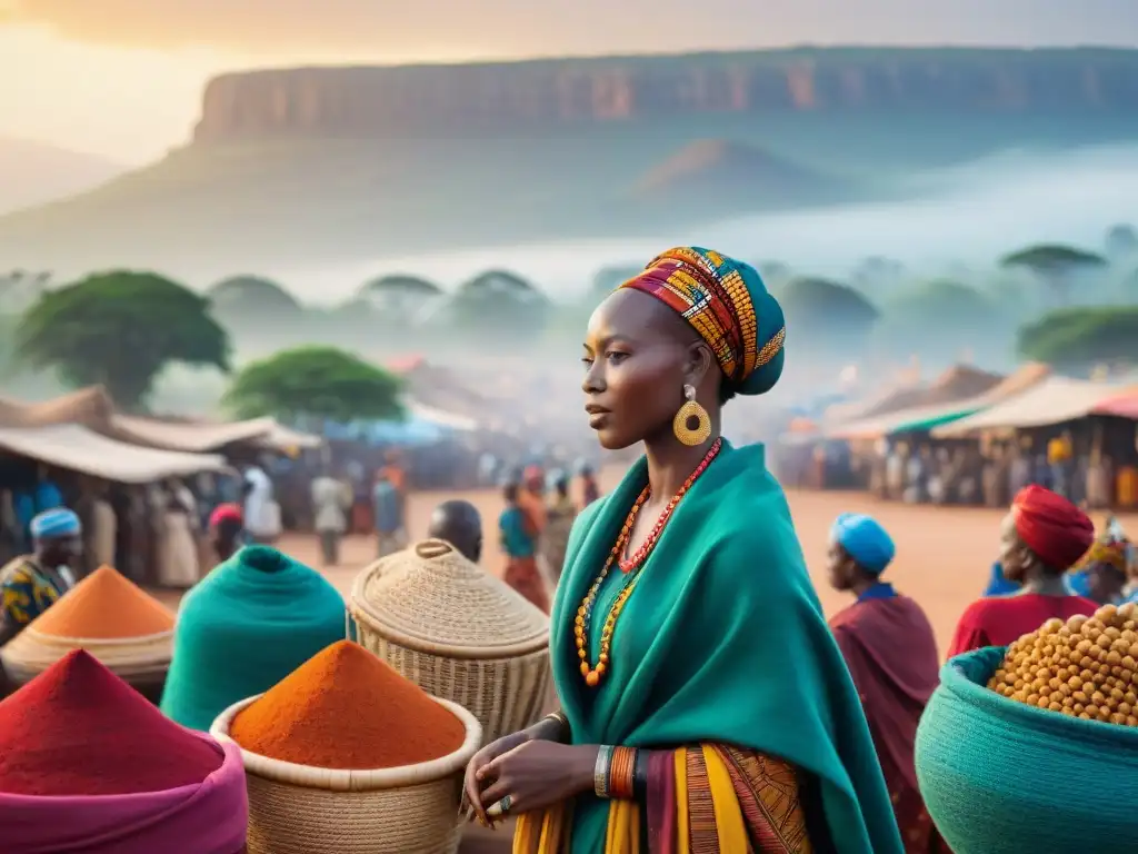 Mercado africano vibrante con artesanías tradicionales, líderes culturales entre tradición y globalización