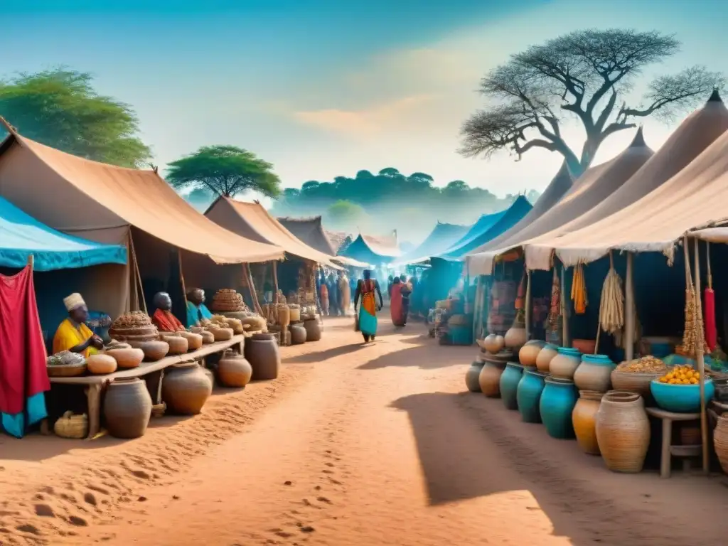 Mercado africano vibrante con artesanías y colores, reflejando la inmersión cultural en África