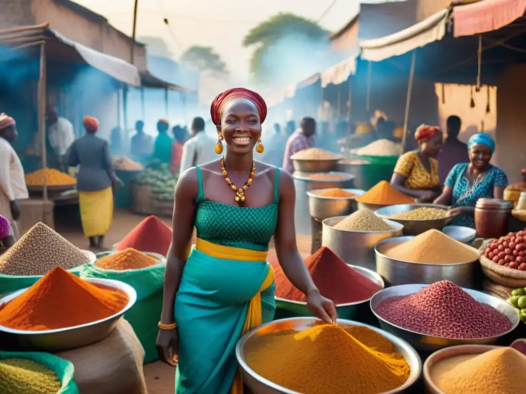 Un mercado africano vibrante al atardecer, lleno de colores y aromas, donde se venden especias, frutas exóticas e ingredientes tradicionales