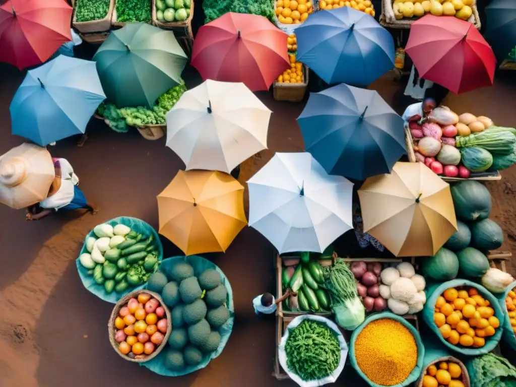 Un mercado africano vibrante y bullicioso, reflejando la sostenibilidad y riqueza cultural del campo africano