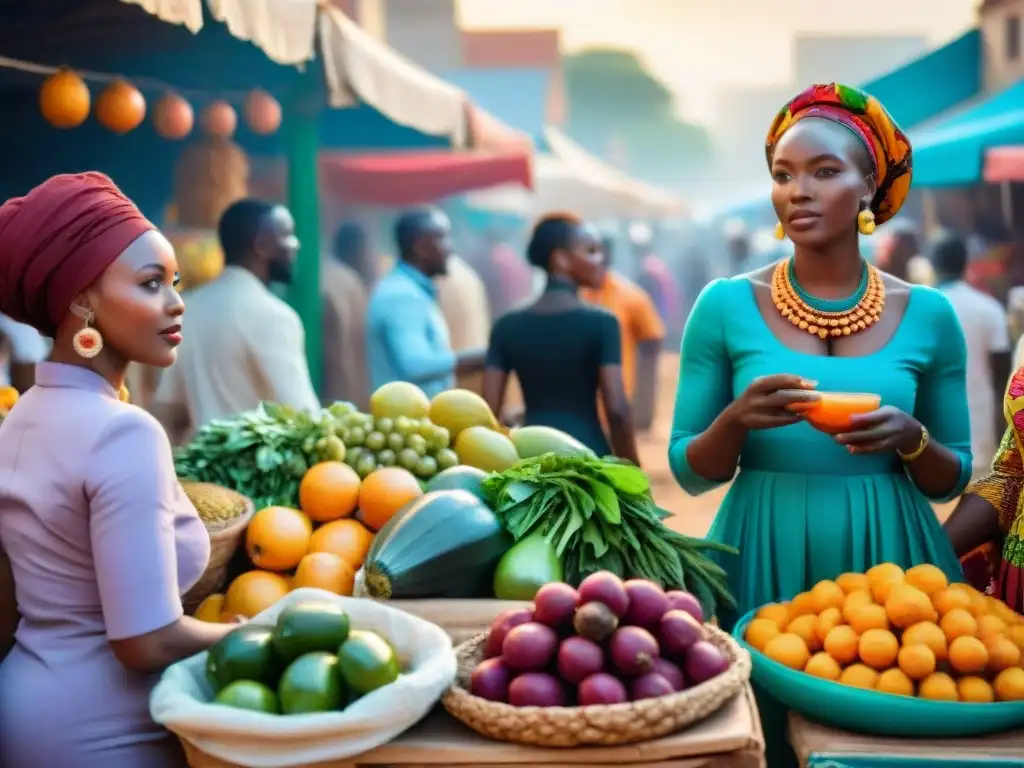 Un mercado africano vibrante y bullicioso, lleno de puestos coloridos con alimentos frescos y especias, reflejando la rica cocina tradicional africana y su influencia global