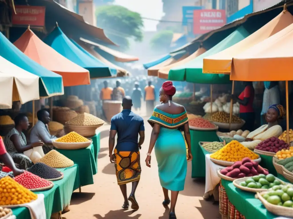 Un mercado africano vibrante y bullicioso, con productos coloridos y clientes participando en la revolución del ecommerce en África