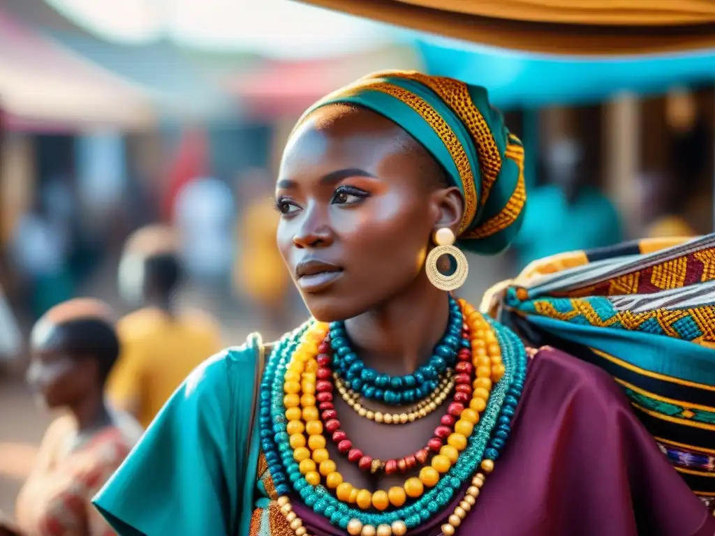 Un mercado africano vibrante y bullicioso con textiles coloridos, artesanías y personas diversas, reflejando la influencia cultura visual africana