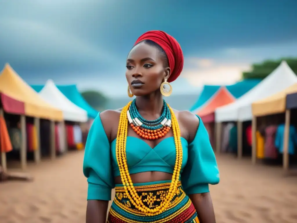 Un mercado africano vibrante y bullicioso, lleno de textiles coloridos, joyería artesanal y ropa intricadamente diseñada