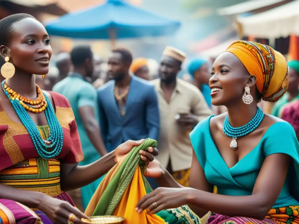 Un mercado africano vibrante y bullicioso, reflejando la Economía de la Dote en África con telas coloridas, joyas y artesanías tradicionales