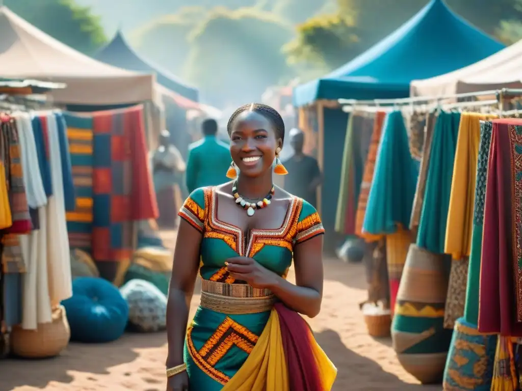 Un mercado africano vibrante y bullicioso, lleno de gente de diversas culturas en ropa tradicional, compartiendo historias y celebrando su herencia