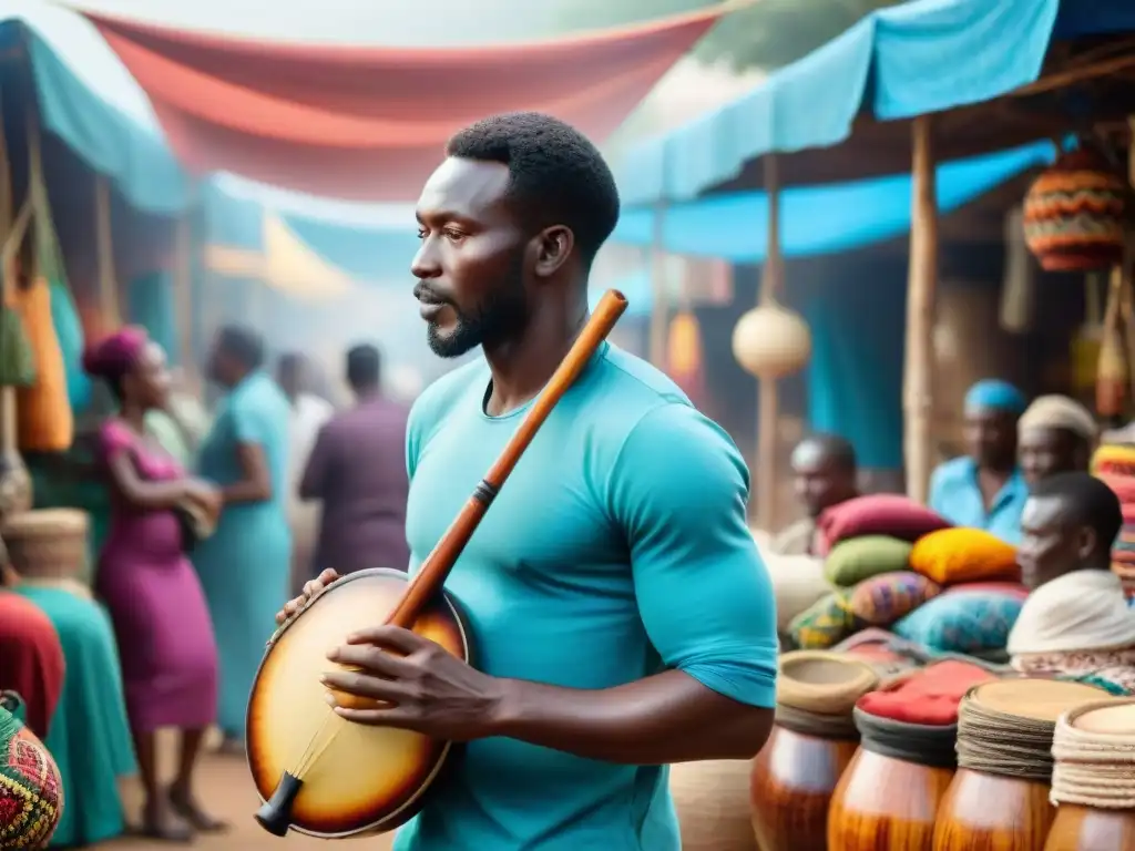 Un mercado africano vibrante y bullicioso con textiles coloridos e instrumentos musicales hechos a mano