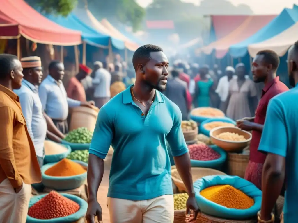 Un mercado africano vibrante y bullicioso con puestos coloridos de artesanías, textiles y comida callejera