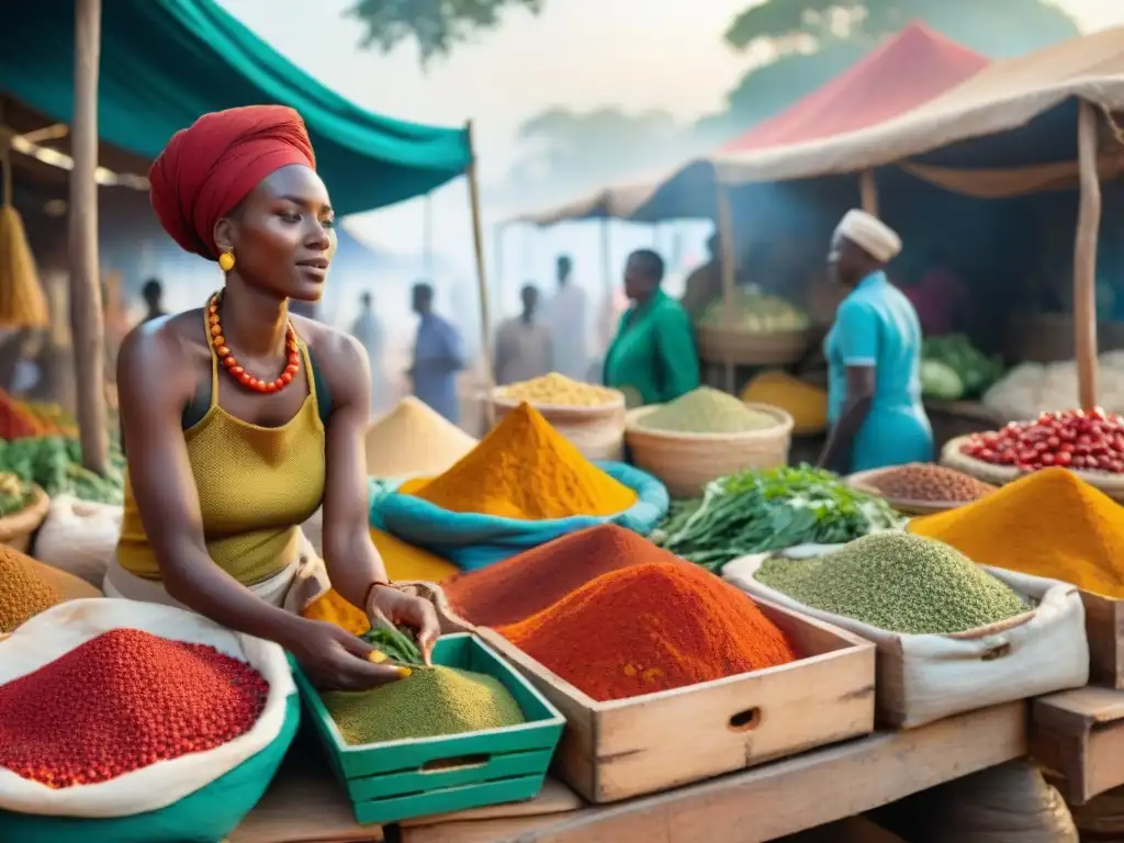 Un mercado africano vibrante y bullicioso, lleno de especias coloridas y locales comerciando alimentos, con influencia de la gastronomía africana