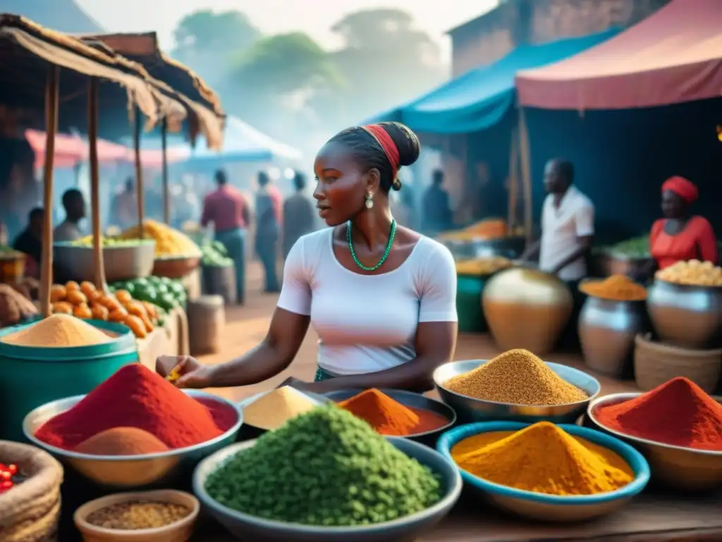 Mercado africano vibrante con colores, especias y cocina tradicional