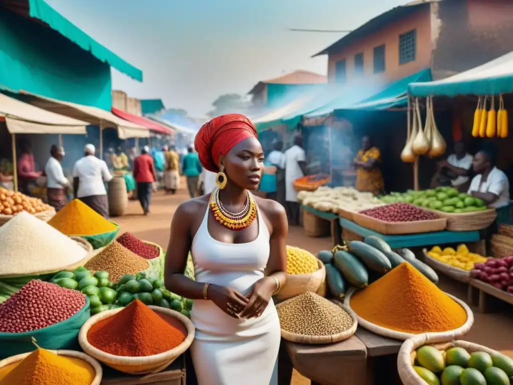 Un mercado africano vibrante con colores y aromas, mostrando recetas tradicionales africanas fáciles