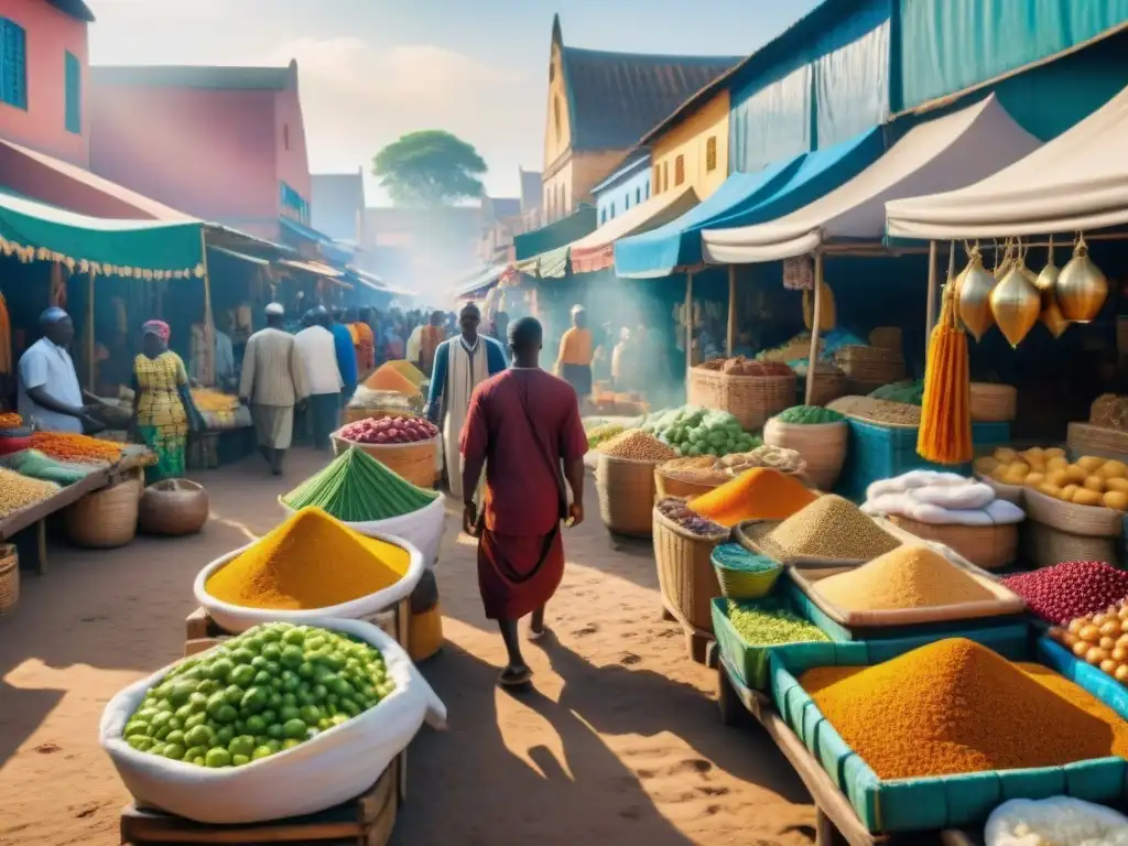 Mercado africano vibrante con colores y cultura, gente interactuando y productos en exposición