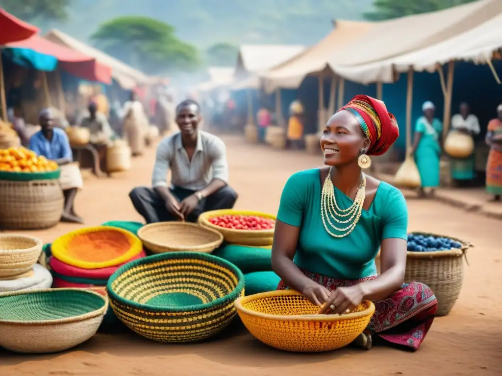 Mercado africano vibrante con coloridas telas y artesanías