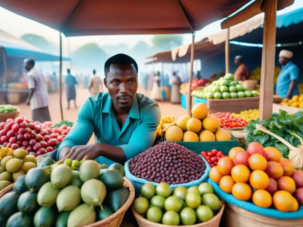 Un mercado africano vibrante y colorido, lleno de frutas, verduras y artesanías